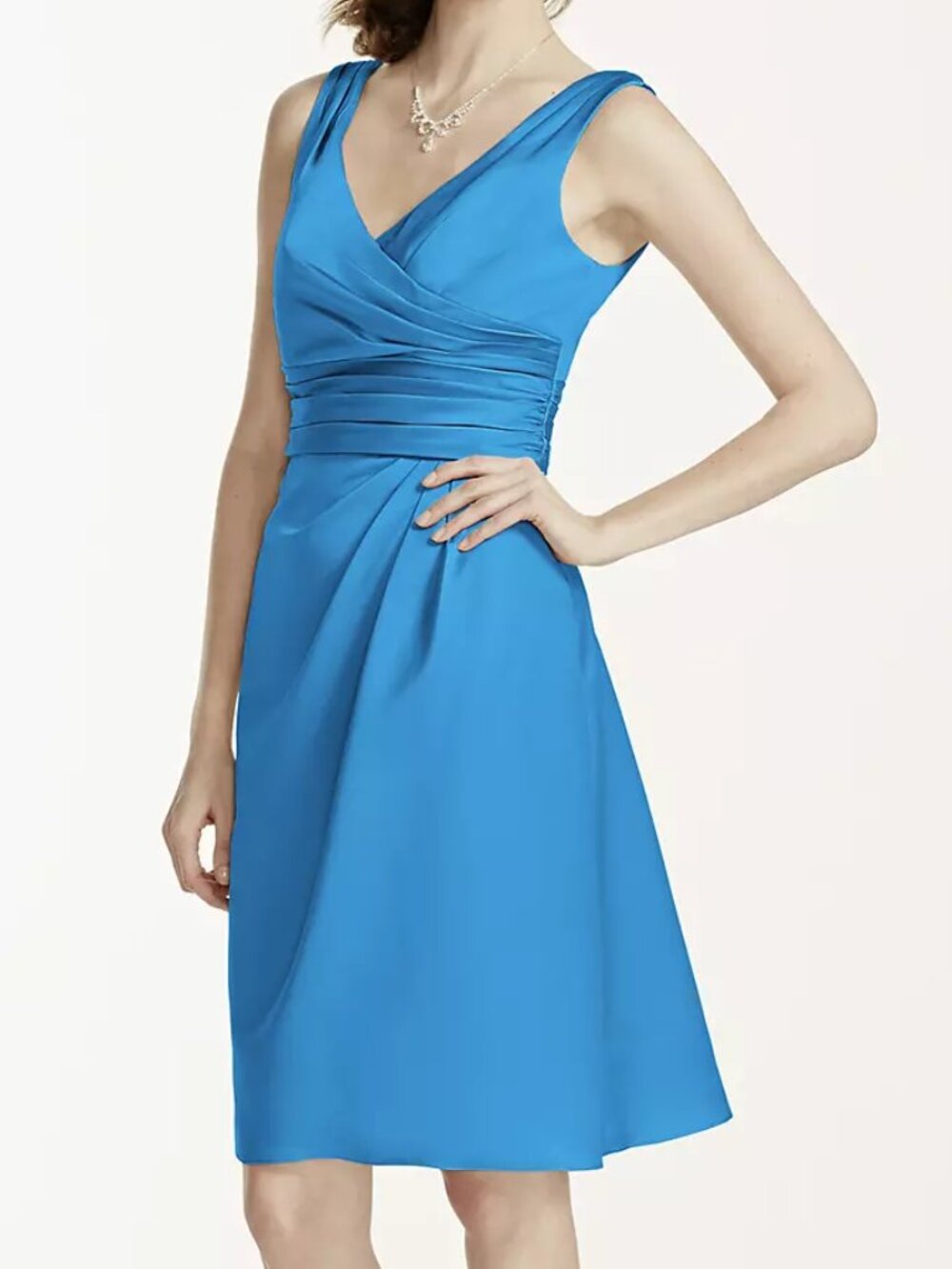 David's Bridal Short Sleeveless Satin Dress Ruched Waist F14823 sz 8 bridesmaid